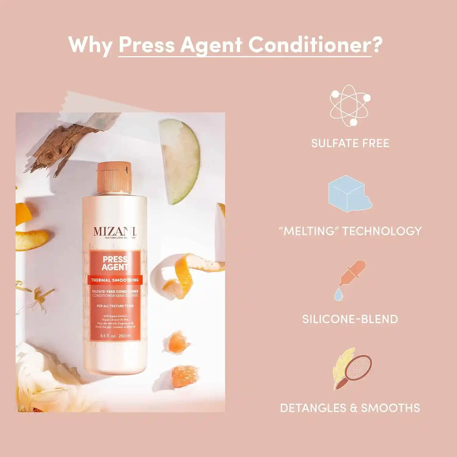 Mizani Smoothing Conditioner, Moisturising and Detangling Formula, Preps Hair for Thermal Styling, Enriched With Argan Oil and Agave Extract, Sulphate-Free, Press Agent Smoothing Conditioner, 250ml - Image 6